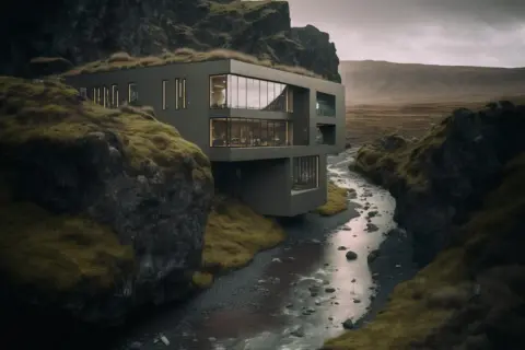 Modern house built into a mossy cliffside, overlooking a rocky stream. This architectural photography captures a dramatic, remote landscape.