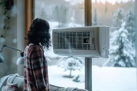 Une femme regarde par la fenêtre un paysage enneigé. La climatisation souffle froid en mode chauffage, affichant 22 degrés.
