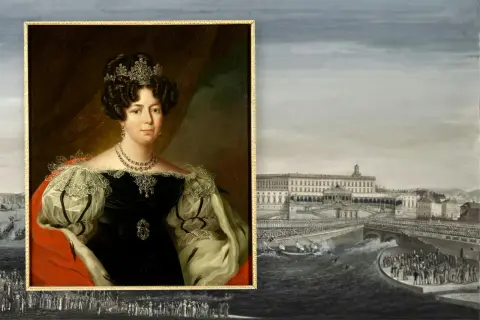 Porträtt av Louise Mountbatten, drottning av Sverige, med en storslagen utsikt över en stad vid en flod.