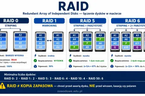 Porównanie konfiguracji RAID: RAID 0 (striping), RAID 1 (mirroring), RAID 5 i RAID 6. Wykres pokazuje szybkość, bezpieczeństwo i pojemność dla każdej opcji.