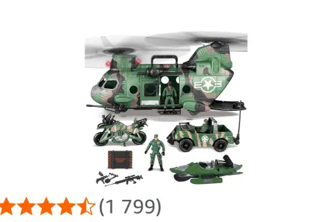 Zestaw zabawek wojskowych: helikopter, jeep, motocykl, łódź, żołnierze i broń.