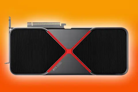 Karta graficzna RTX 5090 z czerwonym akcentem, idealna do gier i obsługiwana przez GeForce Experience.