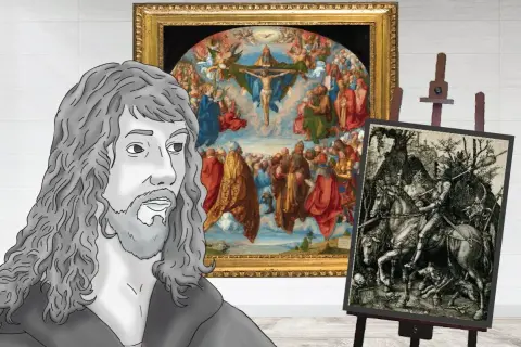 Albrecht Dürer's famous works, "The Assumption of the Virgin" and "Knight, Death, and the Devil," are displayed behind a stylized portrait of the artist.