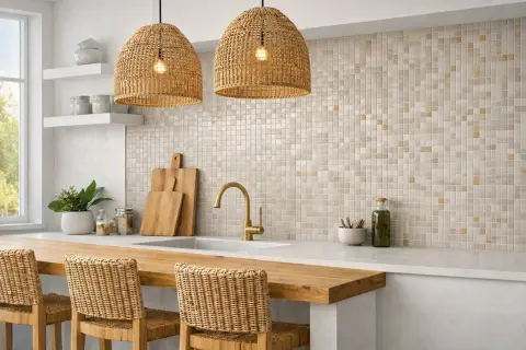Azulejos de mosaico en tonos neutros y dorados, un ejemplo de las ultimas tendencias en azulejos para cocinas.