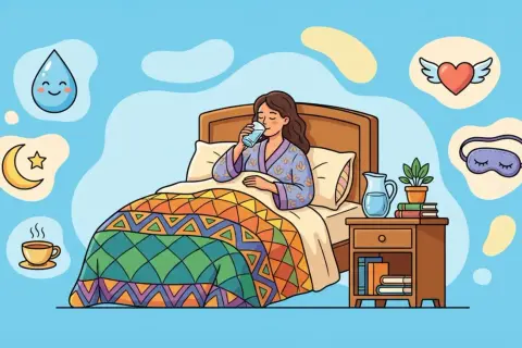 Mujer en cama bebe agua, rodeada de iconos de luna, gota, corazón alado, antifaz y taza de café. Consejos para la **cuarentena embarazo**.