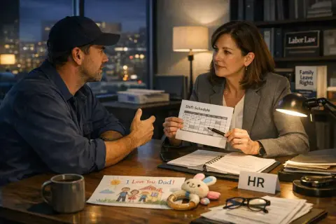 Uomo con cappellino discute con HR un foglio "Shift Schedule". Sul tavolo, un disegno "I Love You Dad!" e un sonaglio.