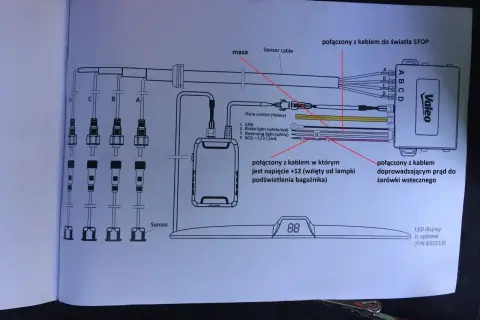 Schemat połączeń elektrycznych z modułem Valeo, pokazujący podłączenie czujników, masy, świateł STOP, cofania i zasilania ACC. Widać tu także złącza GPIO.