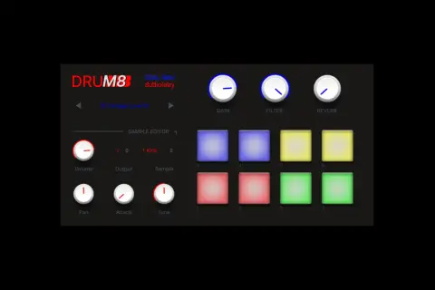 DRUM8 interface, a free percussion VST, features sample editing, volume, pan, attack, tune controls, and colorful pads for creating beats.