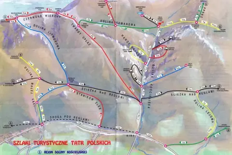 Mapa szlaków turystycznych Tatr Polskich, z zaznaczonym szlakiem na Ornak z Doliny Kościeliskiej.