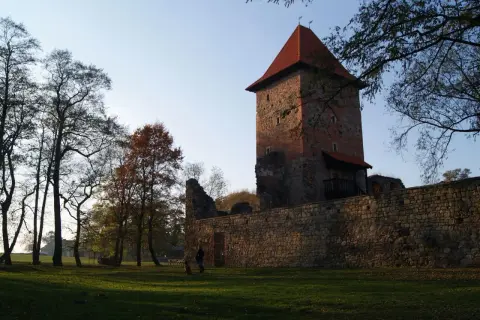 Wieża zamku w Chudowie z czerwonym dachem, otoczona kamiennym murem. Na trawniku spaceruje osoba z psem.