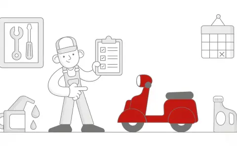 Mechanik z listą kontrolną obok czerwonego motoroweru, narzędzi, oleju i kalendarza.