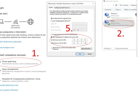 Konfiguracja sieci Wi-Fi, gdzie połączono bez internetu, z widocznymi ustawieniami protokołu TCP/IPv4 i serwerów DNS.