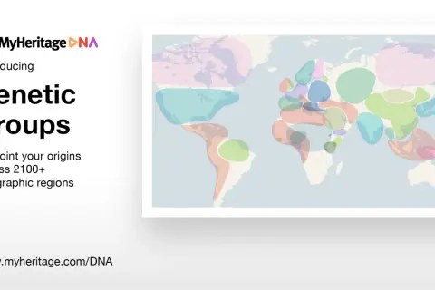 Carte du monde avec des zones colorées représentant les groupes génétiques. Découvrez votre **my heritage origine** avec MyHeritage DNA.
