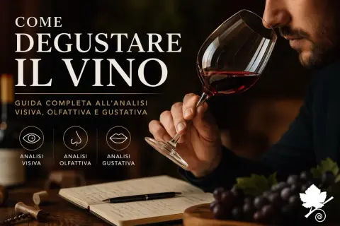 Uomo annusa vino rosso in un bicchiere, guida alla degustazione visiva, olfattiva e gustativa. Scopri le caratteristiche vino.