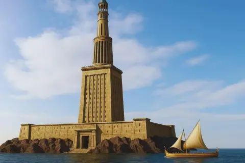 Recreación de los restos del Faro de Alejandría, una imponente estructura de piedra sobre rocas, con un barco antiguo navegando cerca.