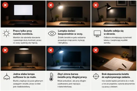 Złe oświetlenie biurka: światło monitora, lampka w oczy, odbicia, słaba lampa sufitowa, zimna barwa, brak dopasowania. Co to światło? To klucz do komfortowej pracy.