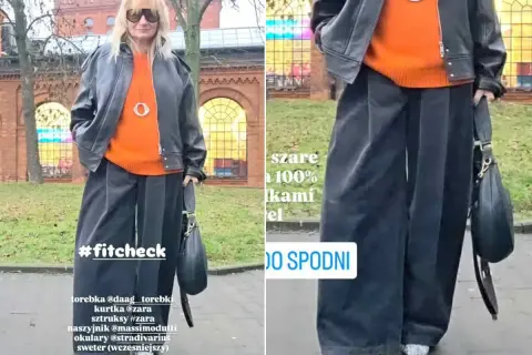 Kobieta w pomarańczowym swetrze, czarnej ramonesce i szerokich, szarych sztruksach. Stylowy #fitcheck.