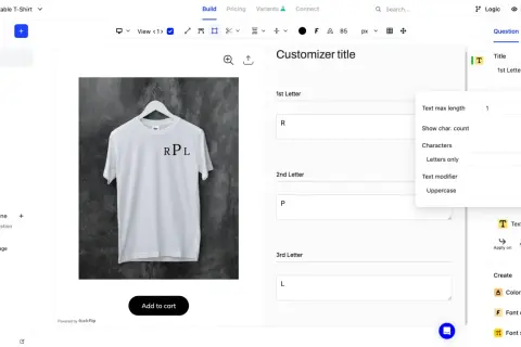 Customizing a t-shirt with a monogram. The interface allows input for three letters, with "RPL" visible on the shirt, demonstrating what a monogram is.