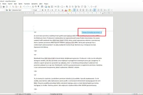 Jak usunąć numer strony ze strony tytułowej w LibreOffice Writer? Widok nagłówka i stopki, gdzie można edytować styl strony.