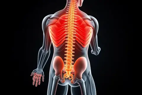 Ryggraden lyser rött, vilket kan indikera smärta eller inflammation. Detta kan vara relaterat till vad stenos betyder, en förträngning av ryggmärgskanalen.