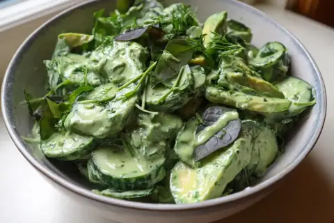 En krämig green goddess sallad med avokado, gurka och färska örter i en skål.