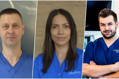 Trzy portrety lekarzy w niebieskich uniformach medycznych.