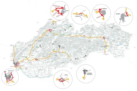 Mapa Słowacji z zaznaczonymi drogami, miastami i tunelami, z powiększeniami wybranych obszarów.