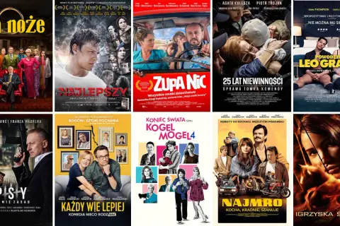 Plakaty filmowe: "Na noże", "Najlepszy", "Zupa nic", "25 lat niewinności", "Powodzenia Leo Grande", "Psy", "Bogów sztuki kochania", "Koniec świata czyli Kogel Mogel 4", "Najmro", "Igrzyska śmierci".