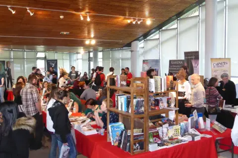 Foule dans un salon littéraire, admirant des livres et des affiches.