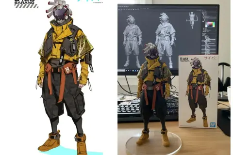 Kreator postaci do książki: figurka i grafika cybernetycznego bohatera w żółtej kurtce, obok ekranu z modelem 3D.