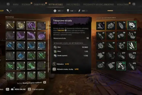 Toksyczne strzały w Dying Light 2: Zakonczenia. Do wytworzenia potrzebne są złom, pióra i środki czystości.