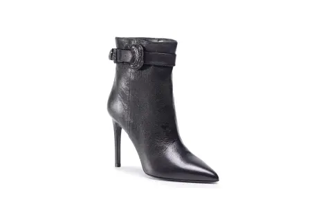 Tronchetti neri in pelle Patrizia Pepe con tacco alto e fibbia decorativa. Eleganza e stile per ogni occasione.