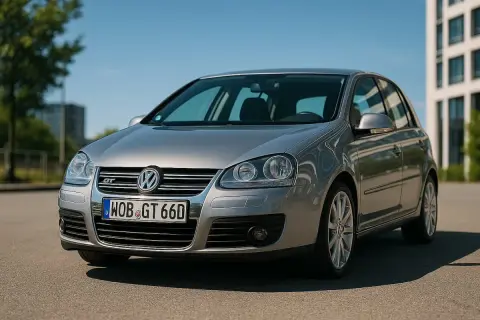 Srebrny Volkswagen Golf V z niemieckimi tablicami rejestracyjnymi na tle budynku.
