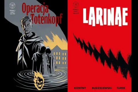 Pop art okładki komiksów: "Operacja Totenkopf" z płonącą czaszką i postaciami w kapturach oraz "LARINAE" z czerwonym tłem i czarnym, ostrym wzorem.