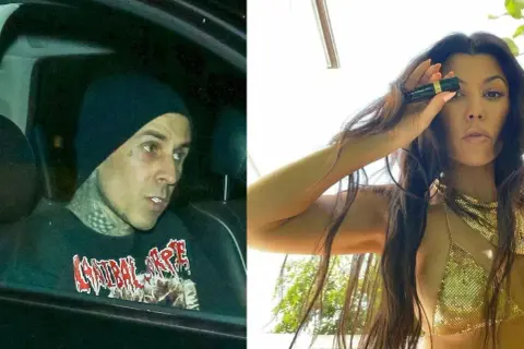 Travis Barker i jego żona Kourtney Kardashian, ona trzyma kosmetyk.