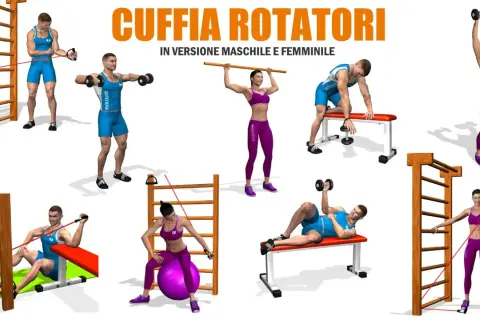 Uomini e donne eseguono esercizi per la cuffia dei rotatori con elastici, manubri e palla fitness.