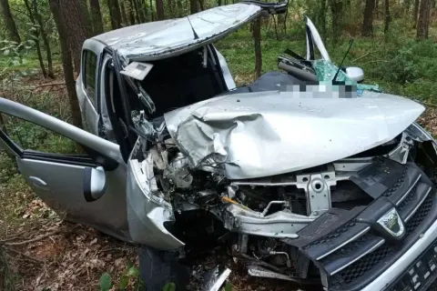 Zniszczony samochód w lesie po wypadku. Luźny zderzak mógł przyczynić się do tragicznych skutków jazdy na autostradzie.