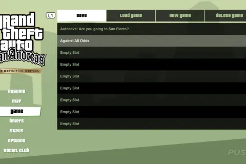 Menü von GTA San Andreas auf PS4. Hier werden Speicherstände verwaltet, um das Spiel fortzusetzen.