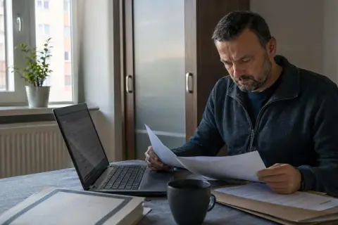 Mężczyzna analizuje dokumenty, szukając informacji, jak sprawdzić czy nastąpiło zatarcie skazania. Na biurku laptop, kubek i segregatory.