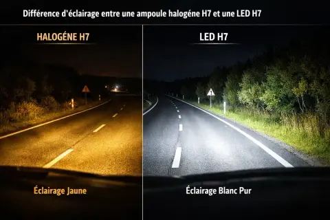 Comparaison d'éclairage : ampoule halogène H7 jaune vs LED H7 blanc pur. Le **led signification** est une lumière plus vive et claire pour la route.