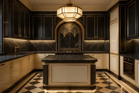 Elegancka kuchnia art deco z czarnymi, marmurowymi blatami, złotymi detalami i geometryczną podłogą.
