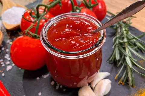 Frisch zubereiteter Ketchup in einem Glas, umgeben von Tomaten, Knoblauch und Rosmarin. So einfach ist es, Ketchup selber machen!