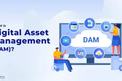 Illustration explaining Digital Asset Management (DAM) with icons for PDF, code, video, security, and cloud storage.