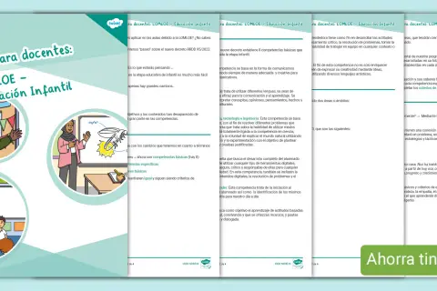 Ilustraciones de situaciones de aprendizaje en infantil, con docentes y alumnos interactuando.