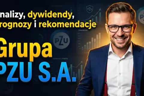 Uśmiechnięty mężczyzna w garniturze na tle wykresów i logo PZU. Analizy, dywidendy, prognozy i rekomendacje dla Grupy PZU S.A.