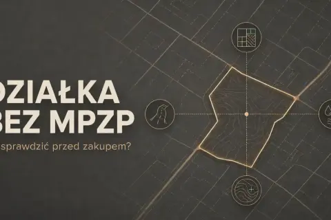 Działka bez MPZP: sprawdź warunki zabudowy 2026. Mapa z ikonami drogi, mediów i planu.