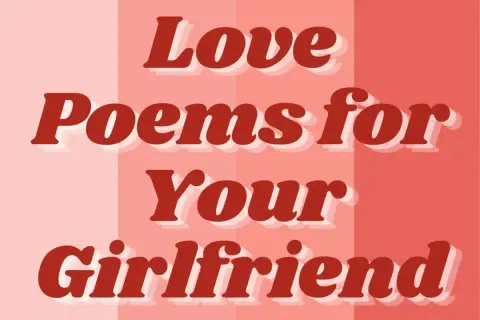 Wierszyk do dziewczyny. Napis "Love Poems for Your Girlfriend" na tle w odcieniach różu i czerwieni.