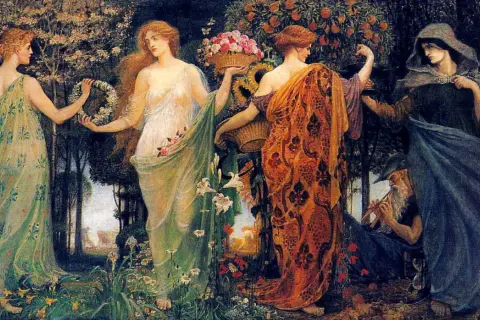 Cinq femmes dans un jardin luxuriant, dont une tenant une couronne de fleurs. On peut se demander qui est Déméter, déesse de l'agriculture, parmi ces figures allégoriques.