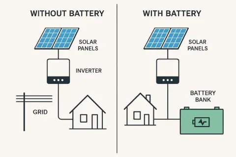 Diagrama comparativo de sistemas de energía solar: sin baterías conectadas a la red eléctrica, y con baterías para almacenamiento.