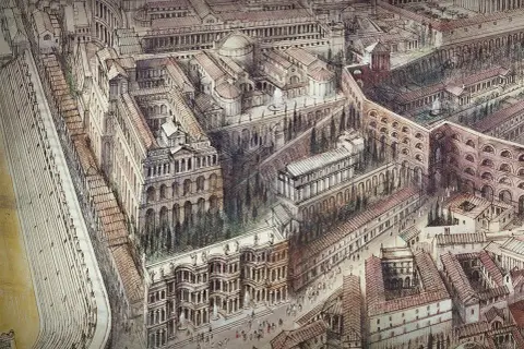 Detaljerad illustration av antika Rom, med imponerande byggnader och folkliv. Här finns fakta om Rom.